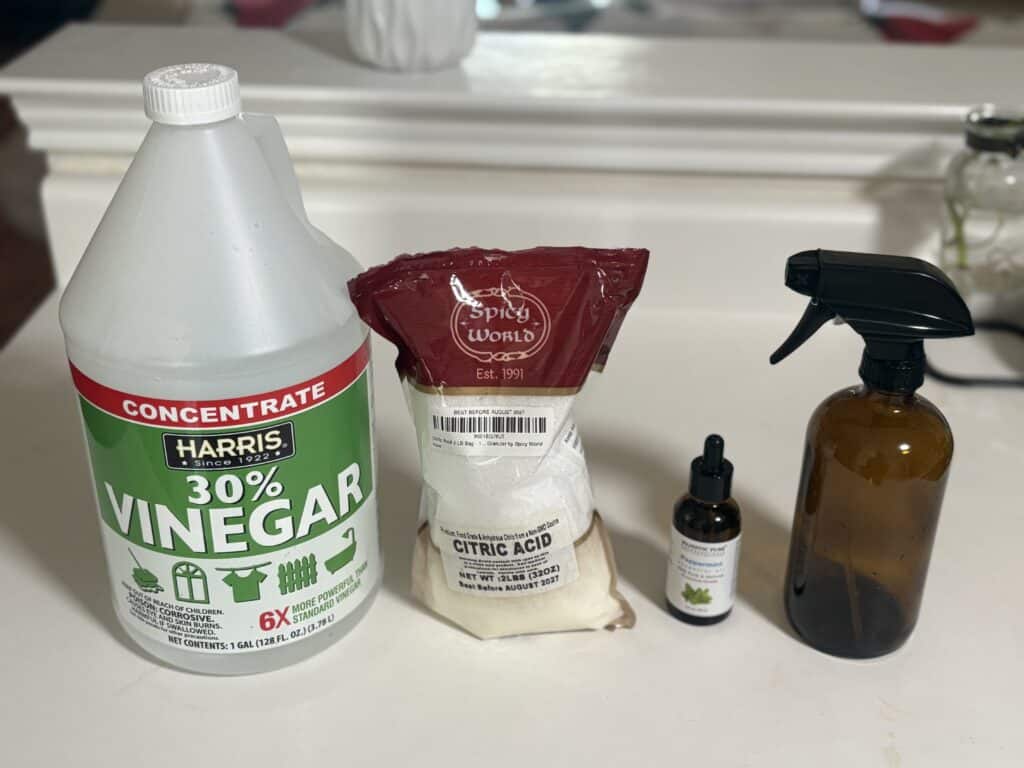 30% vinegar, citric acid. essential oil. and a spray bottle