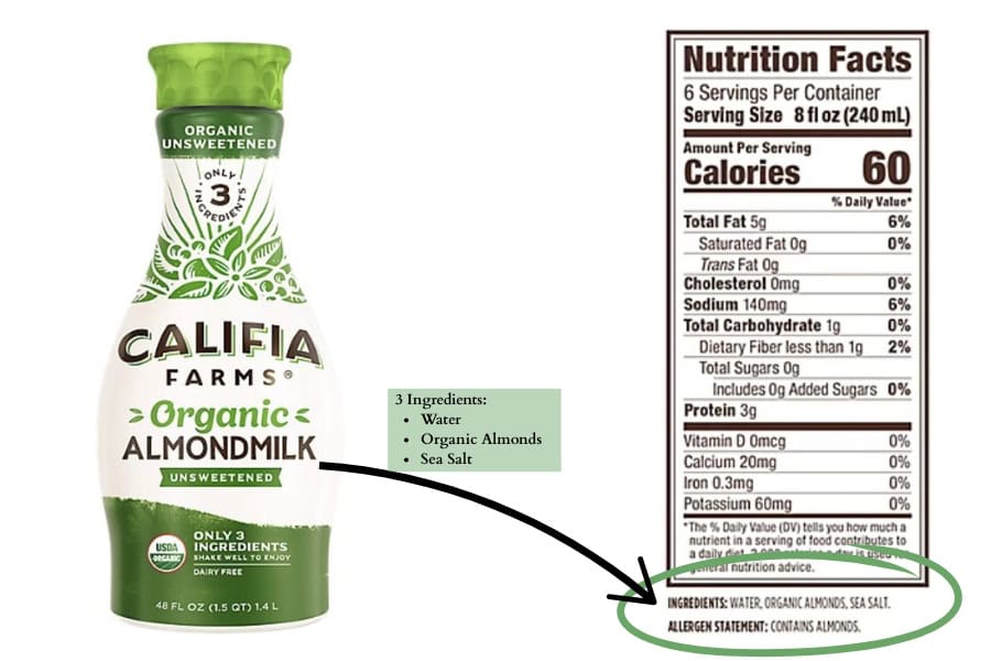 Califia organic almond milk and nutrition label