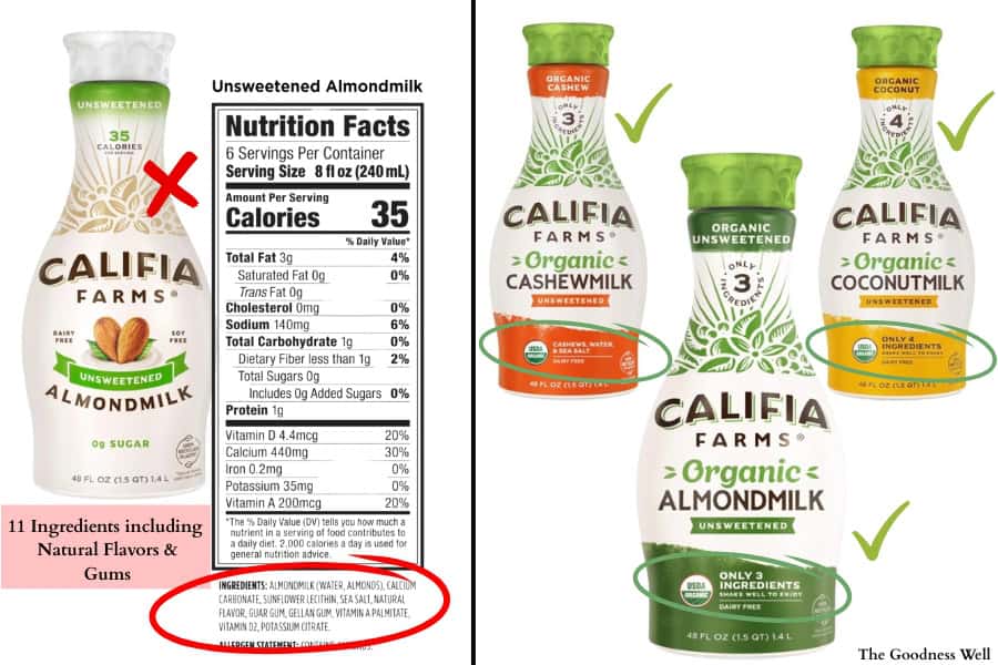 califia organic and non organic nutrition label and ingredient comparison