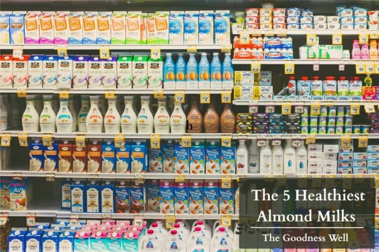 almond milks on grocery store shelf