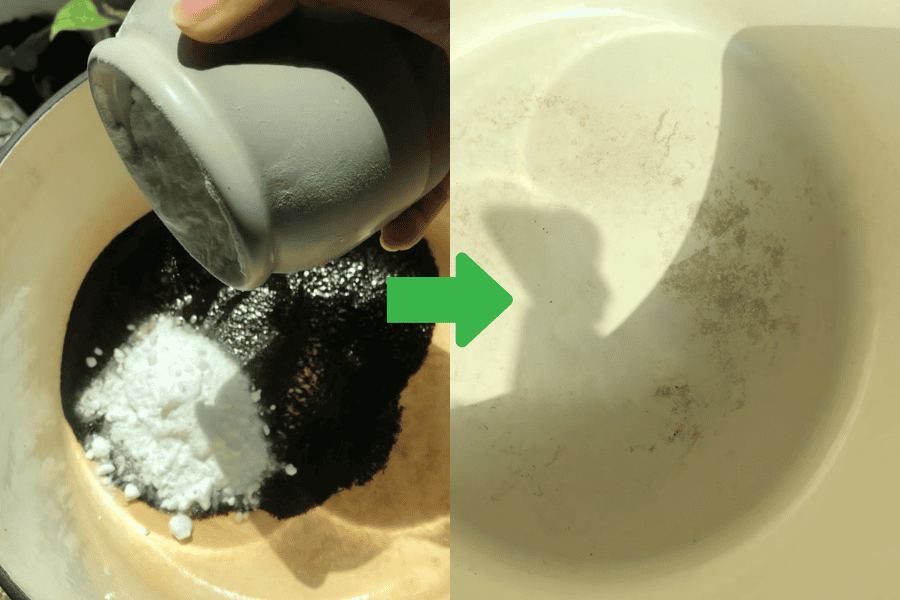 a before and after picture of a clean pot after using bakign soda to remove burned residue