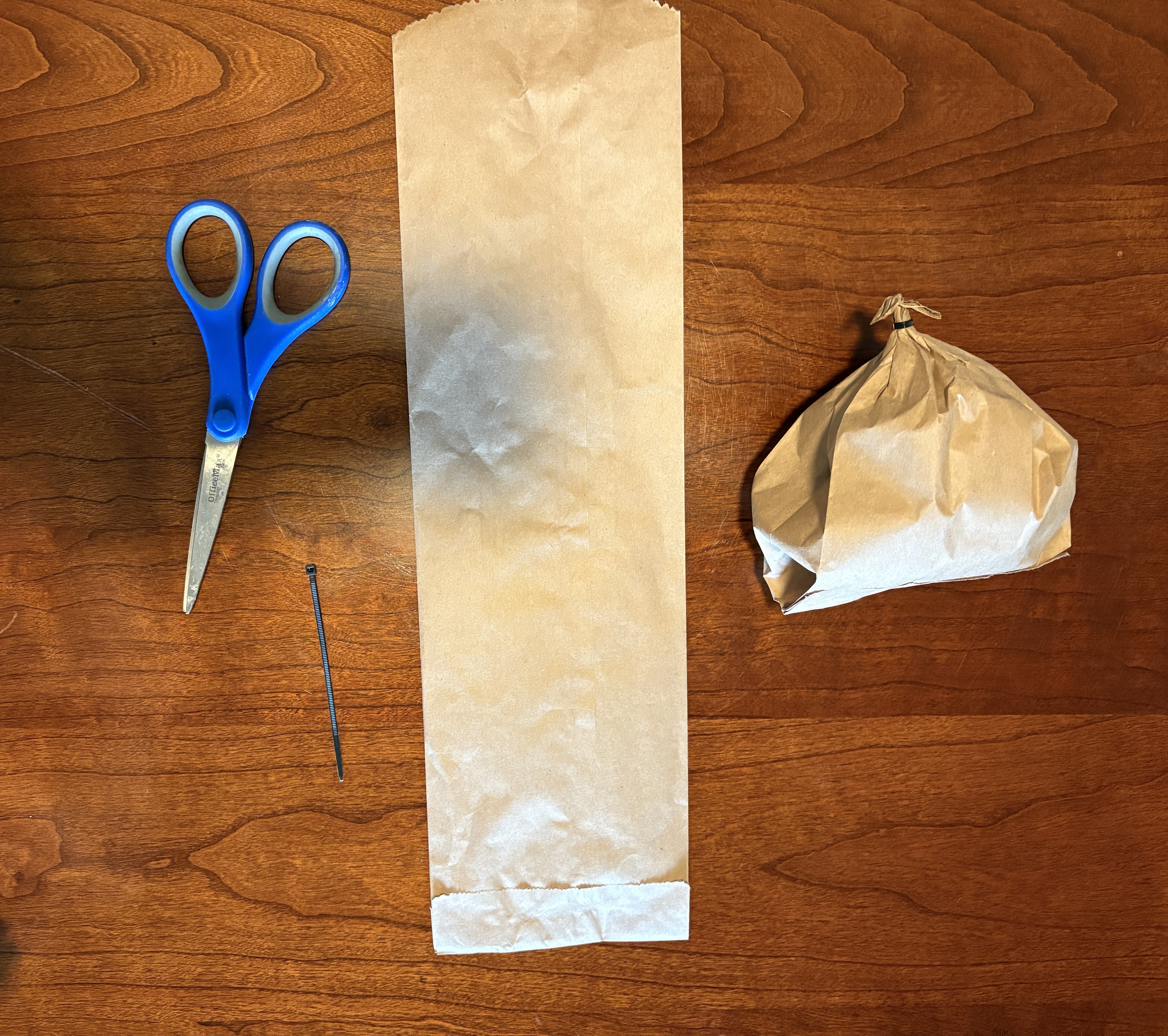 a pair of scissors, a brown paper bag, a zip tie, and a finished fake hornets nest