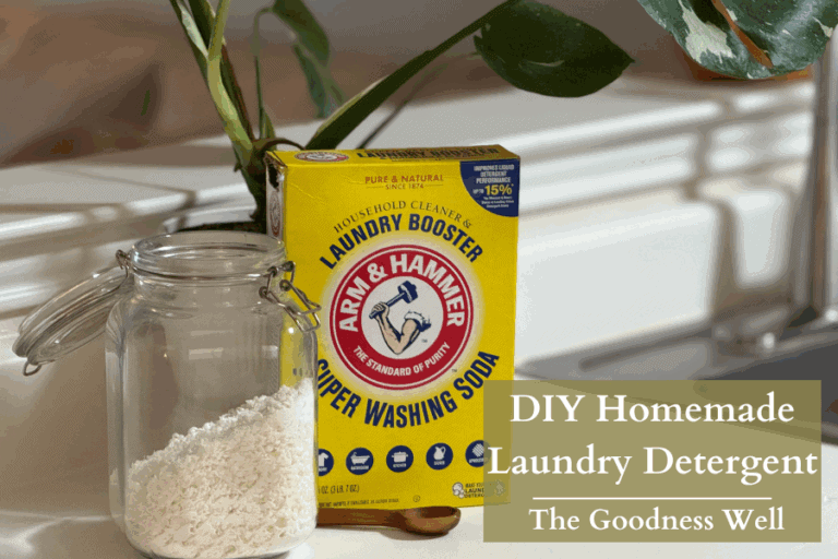a jar of DIY laundry detergent next to a box of washing soda