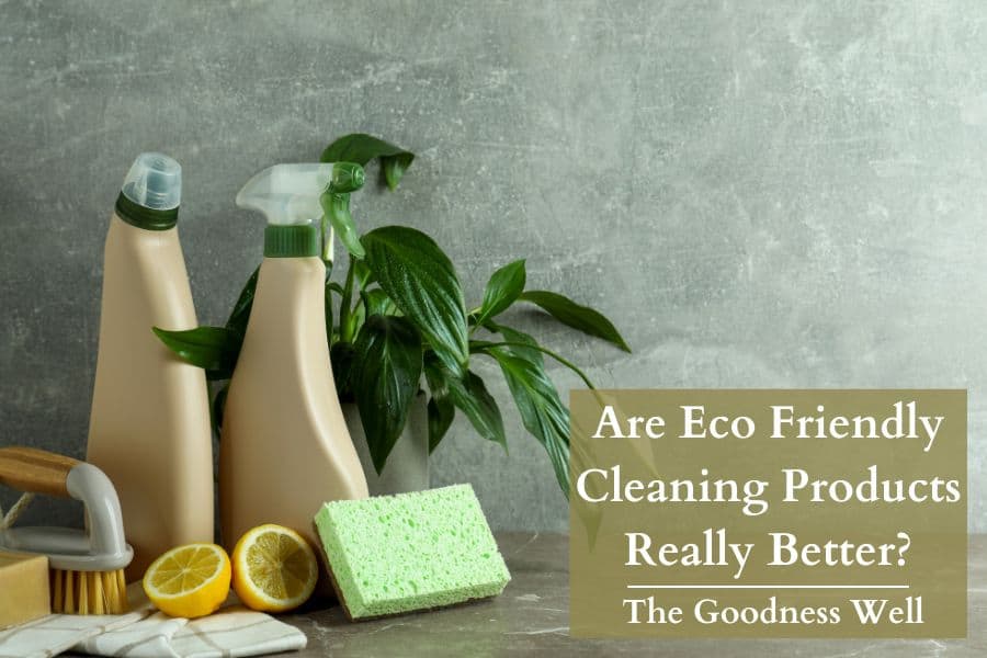 a few green cleaning products next to soap and lemons