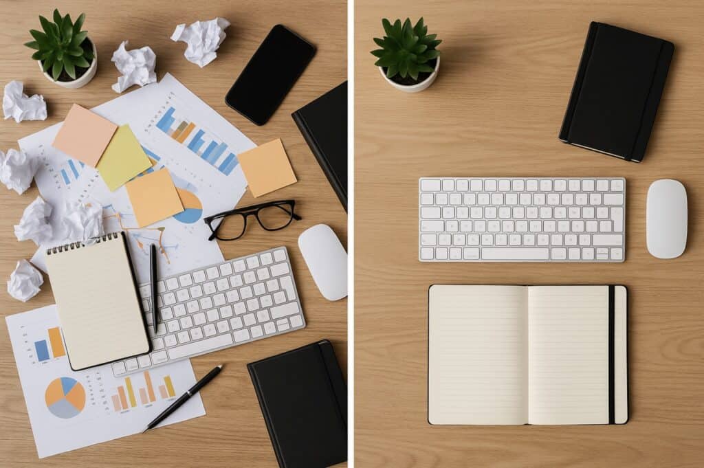 a cluttered desk on one side and an organized one on the other side
