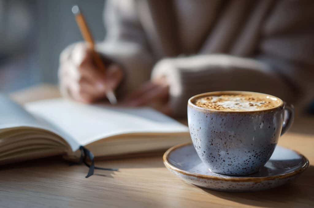 a woman writing in a journal with a cup of coffee on the table