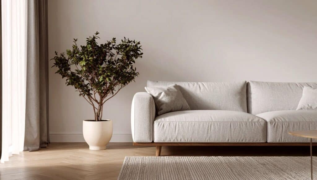 a couch in a living room next to a window