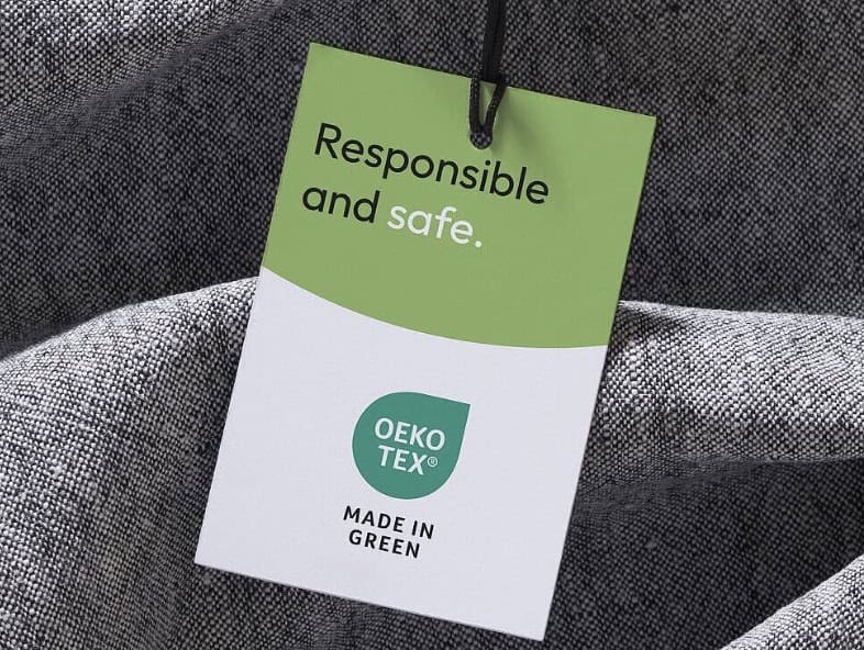 a tag reading "responsible and safe" Oeko tex