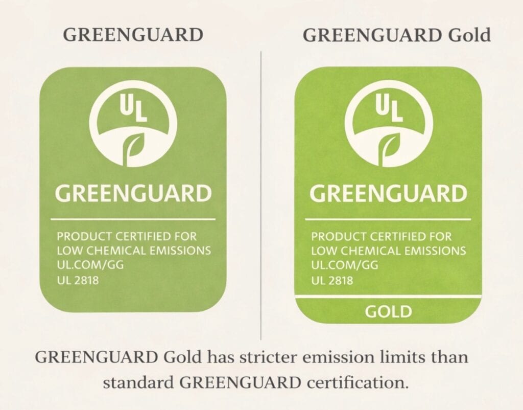 side-by-side comparison of GREENGUARD and GREENGUARD Gold certification logos showing the difference between the two labels