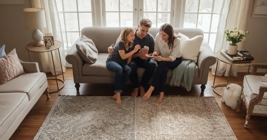 Family reviewing rug options on a sofa with an area rug in the living room.