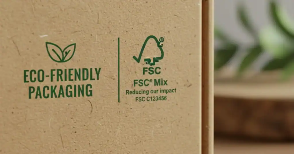 Close-up of eco-friendly packaging showing the FSC Mix certification label.