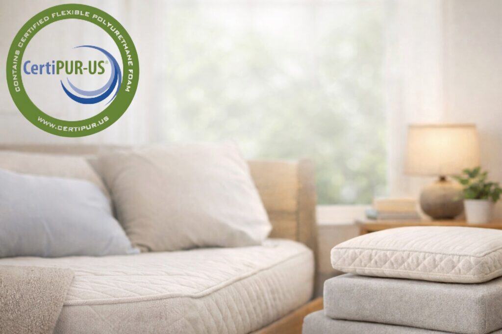 CertiPUR-US certified polyurethane foam logo over a bedroom scene with a mattress, pillows, and stacked foam cushions