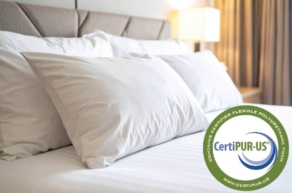 a close up of a bed alongside a certipur-us logo