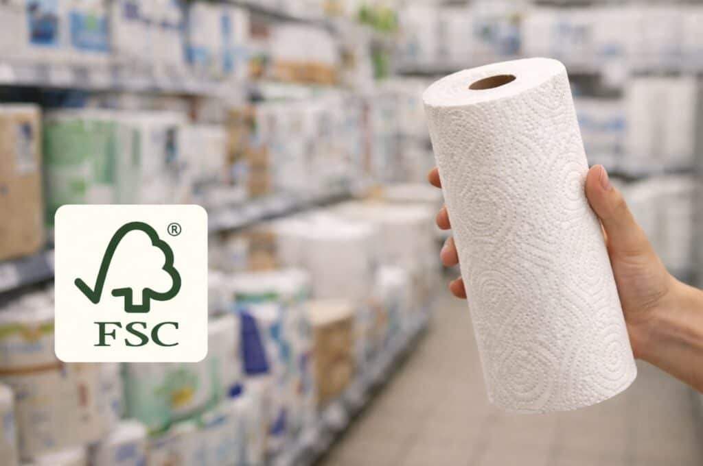 Hand holding a paper towel roll in a store aisle with the FSC Certified logo displayed in the corner.