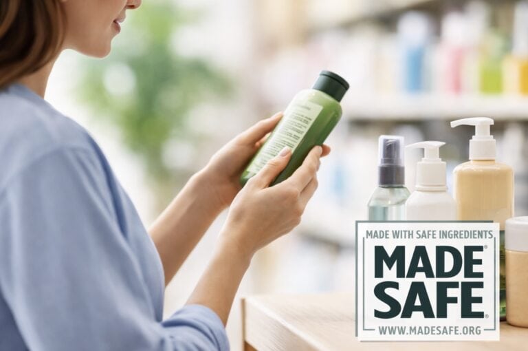 Woman reading the ingredients on a green personal care bottle in a store aisle, with the MADE SAFE Certified logo displayed in the corner.