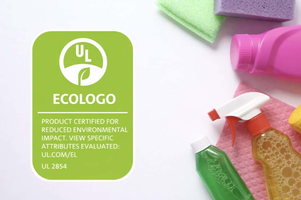 UL ECOLOGO certification badge beside common household cleaning products arranged on a white surface.