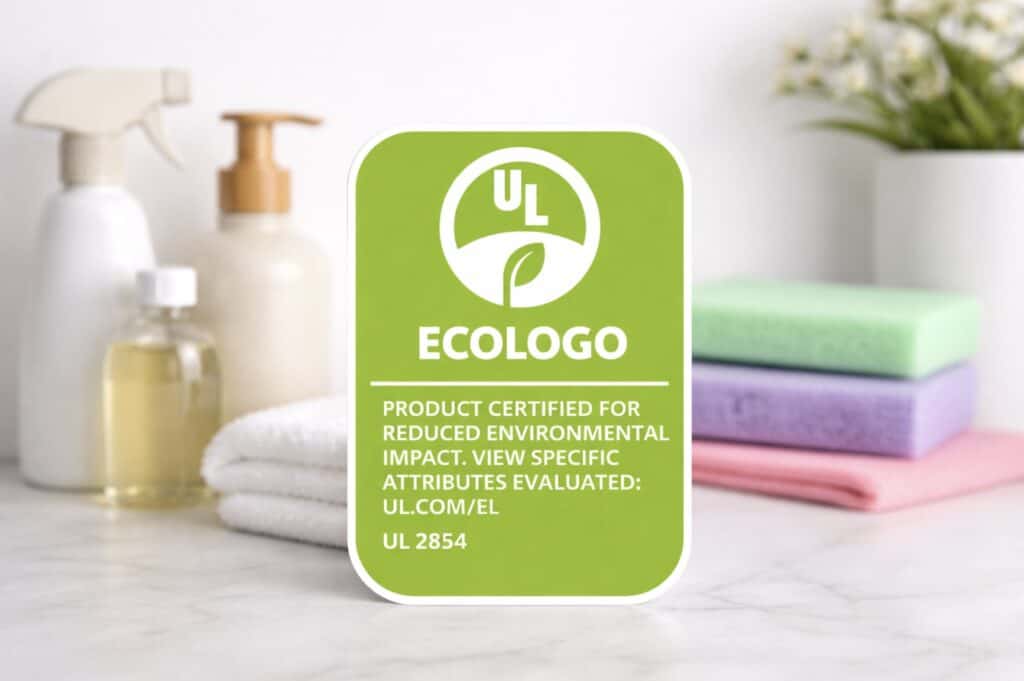 UL ECOLOGO environmental certification badge shown with common home cleaning products in the background.