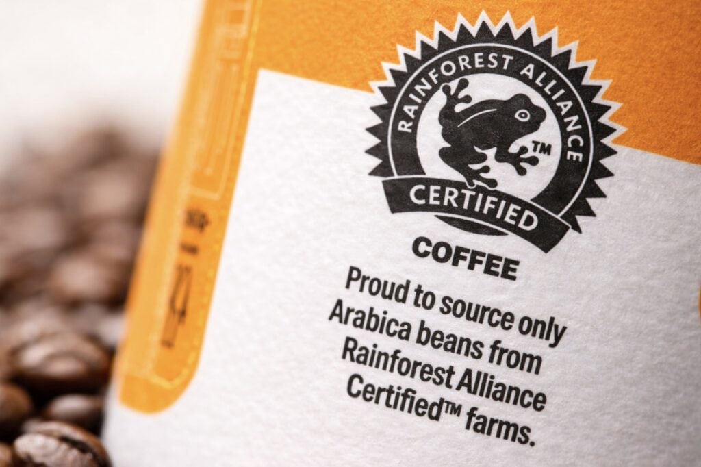 Rainforest Alliance Certified frog seal displayed on a coffee package indicating sustainably sourced Arabica coffee beans