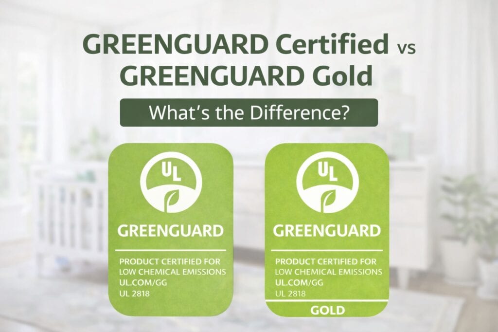 Side-by-side comparison of GREENGUARD Certified and GREENGUARD Gold logos explaining the difference in indoor air emissions standards.