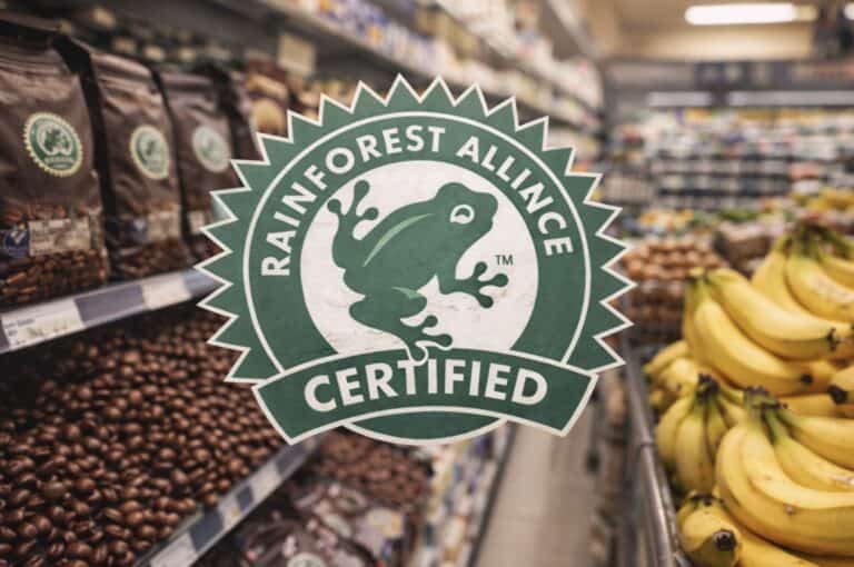 Rainforest Alliance Certified frog seal displayed in a grocery store aisle with coffee and bananas in the background