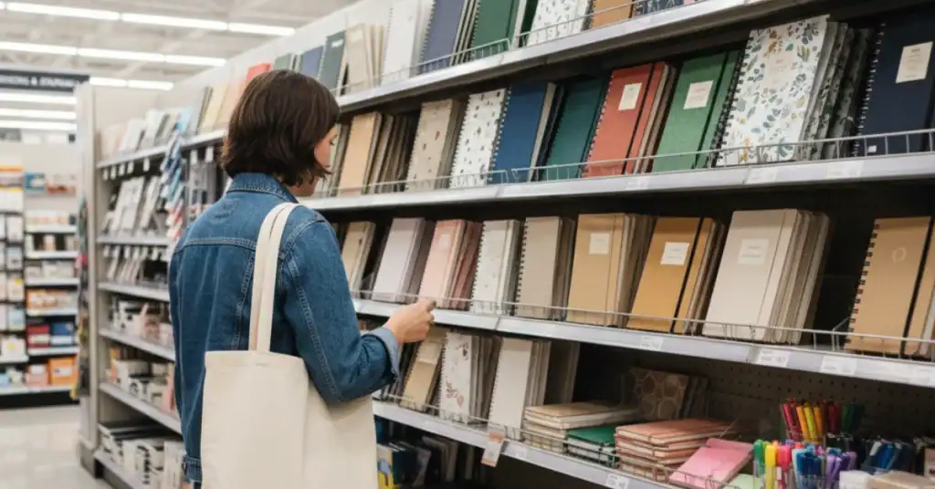 Shopper comparing notebooks on a store shelf with FSC labels like FSC Recycled and FSC Mix.