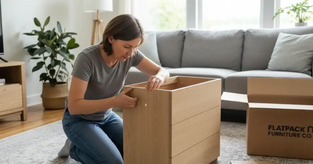 Person assembling flat-pack wooden furniture at home in a living room.