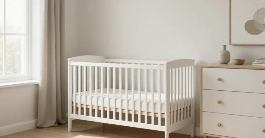 Bright nursery with a white crib beside a window and a dresser with neutral decor.