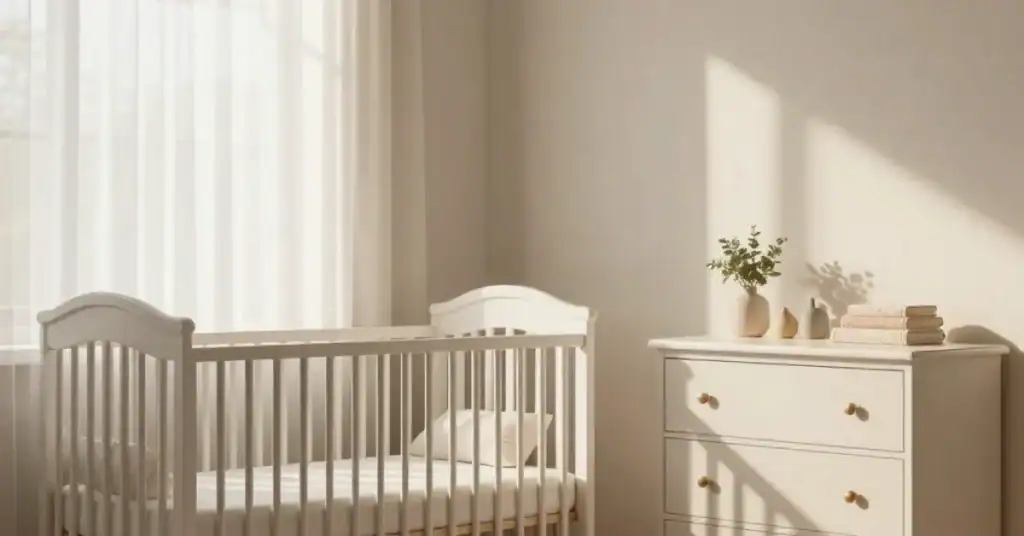 Sunlit nursery with a white crib by sheer curtains and a white dresser topped with books and a small vase.