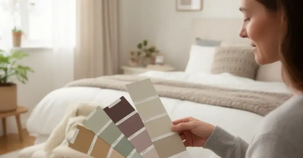 Person holding paint color swatches while choosing a shade in a bedroom.