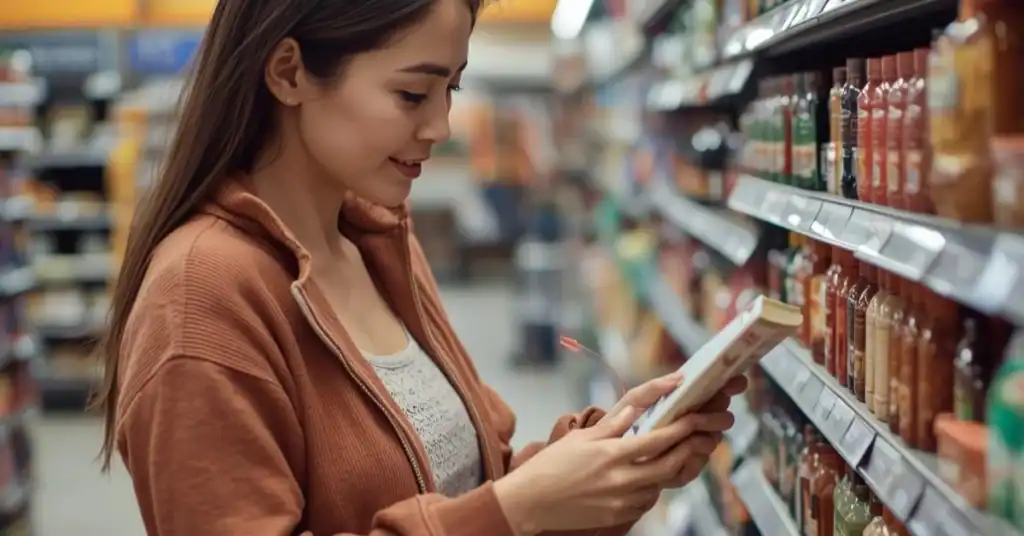 Woman comparing ingredients on a bottle while shopping for personal care products.