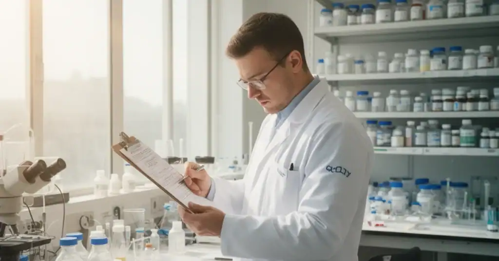 Quality control professional reviewing a checklist in a laboratory setting.