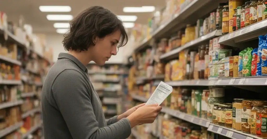 Person reading a product label while shopping in a grocery store aisle.