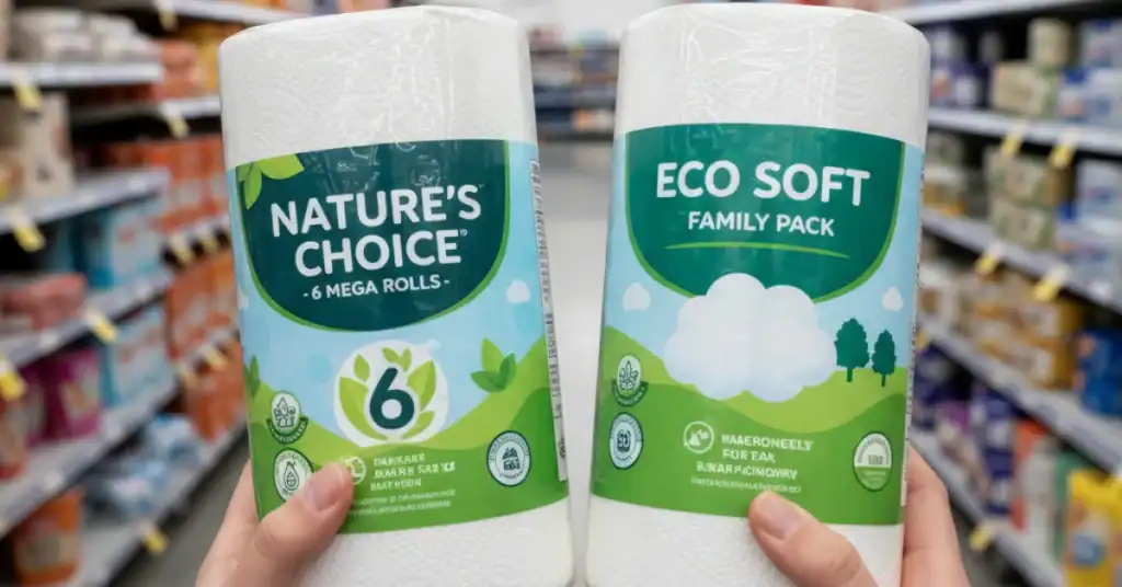 Hands holding two paper towel rolls in a store aisle while comparing eco labels.