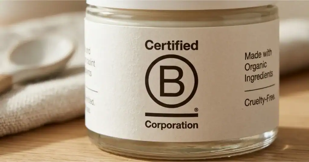 Close-up of a product jar labeled Certified B Corporation on a neutral surface