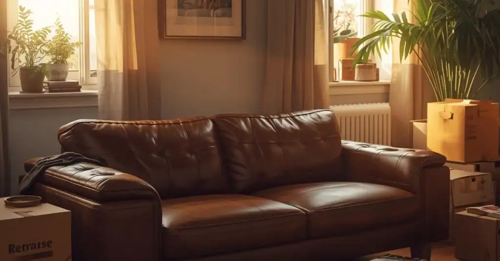 Leather couch in a bright room with moving boxes nearby, suggesting a recent furniture delivery or move.