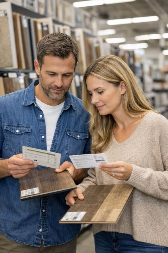 couple comparing flooring samples store aisle