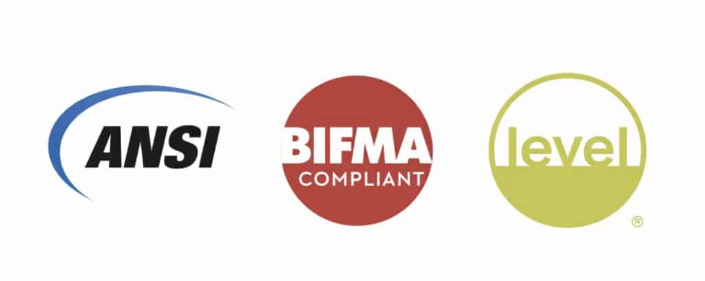 Three certification logos displayed side by side: ANSI, BIFMA Compliant, and LEVEL.