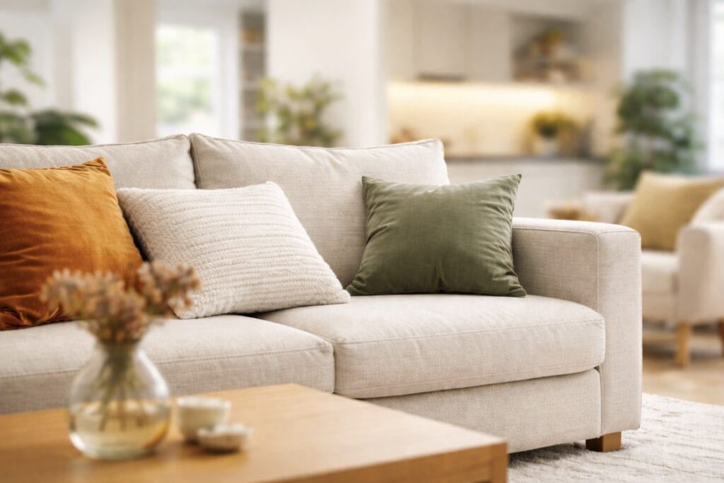 Beige fabric sofa with decorative pillows in a bright modern living room with a blurred background and wooden coffee table in the foreground.