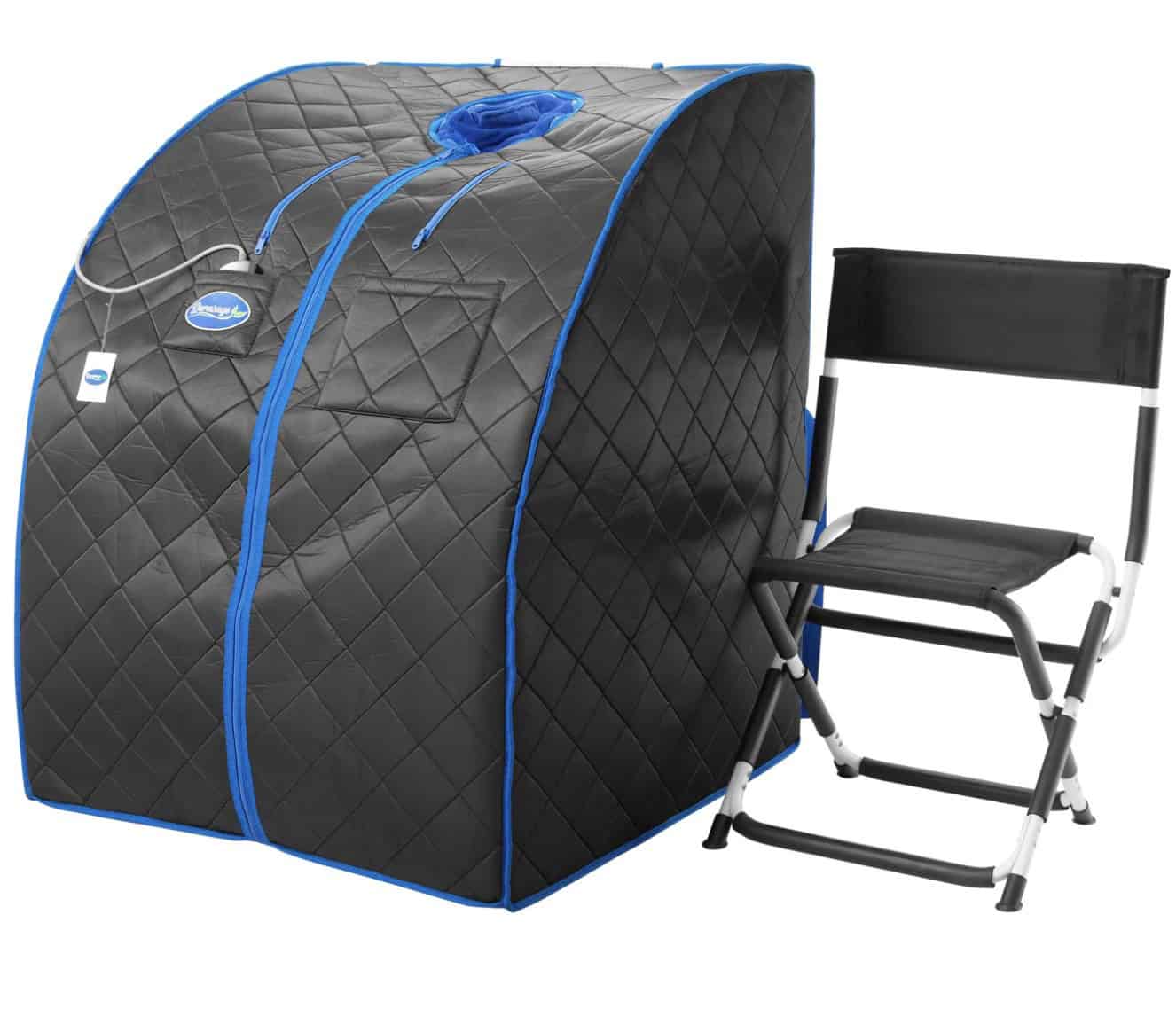 Portable infrared sauna tent with quilted fabric exterior and foldable chair included