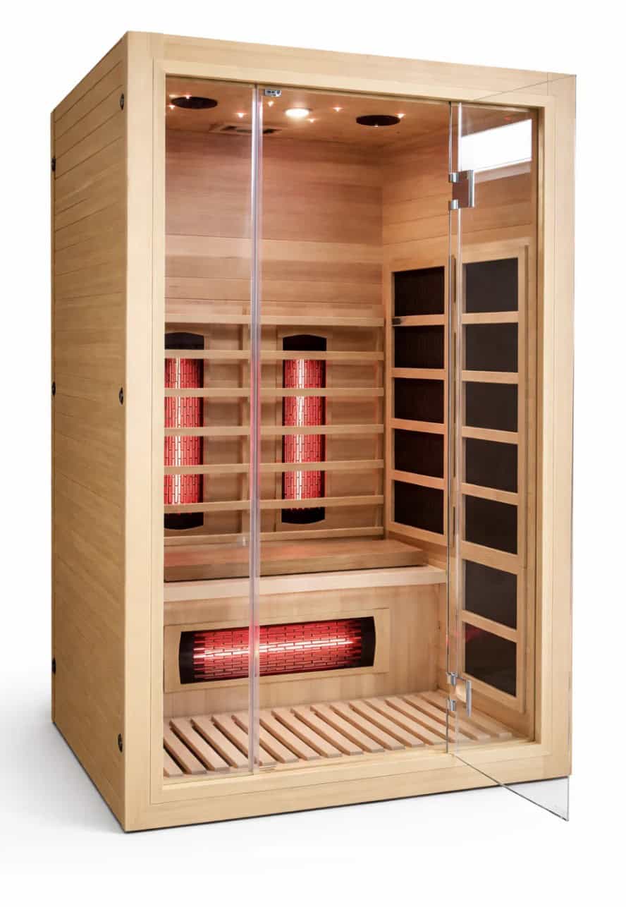 Full-size wooden infrared sauna with glass door, bench seating, and red heating panels inside