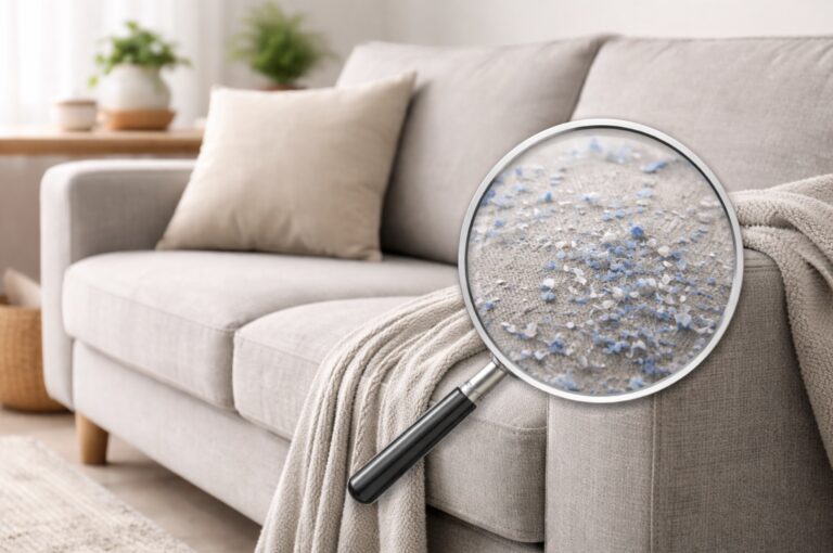 Magnified view of microfiber couch fabric showing small particles on a light gray upholstered sofa