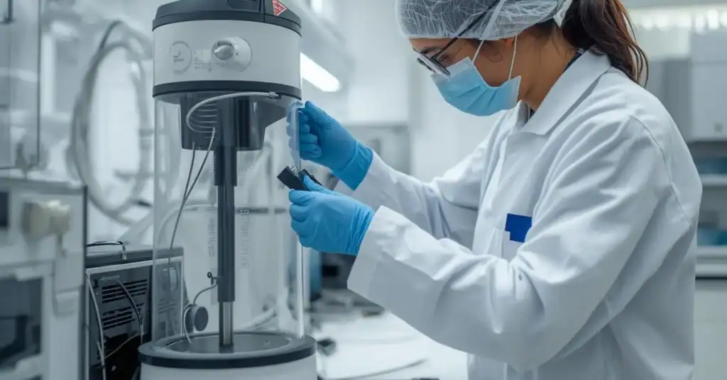 Lab technician performing indoor air emissions testing on a product sample in a controlled chamber.