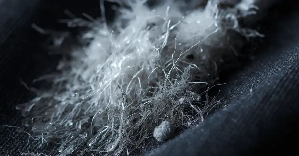 Close-up of lint-like synthetic fibers and microplastic-style shedding from bedding fabric