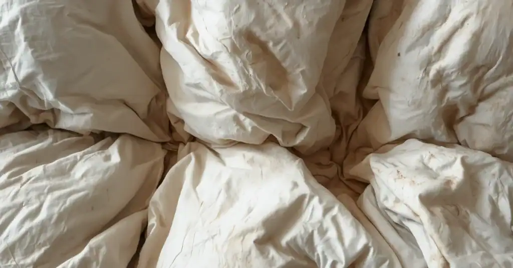 Worn white comforter with visible clumping and uneven fill after repeated use