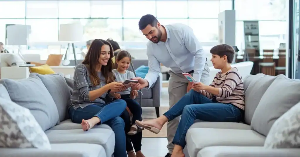 Family comparing two sofas in a bright furniture showroom while looking at product information.