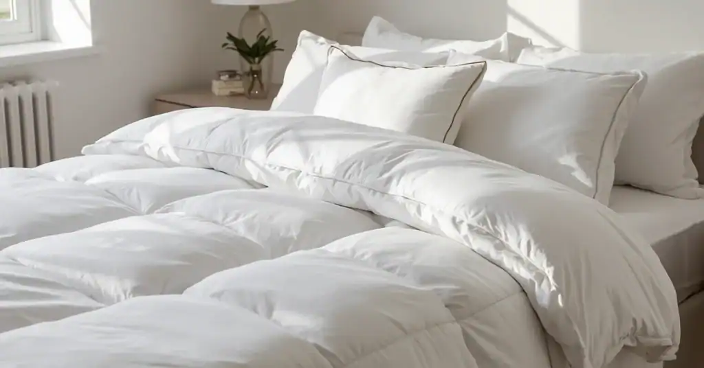 White down alternative comforter and pillows arranged on a neatly made bed