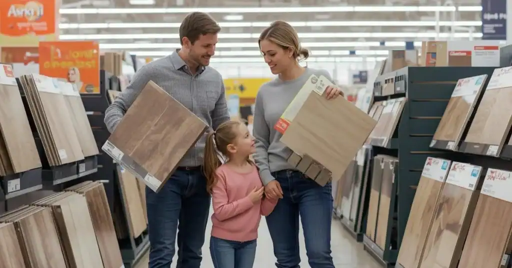 Family comparing vinyl plank flooring samples in a home improvement store aisle.