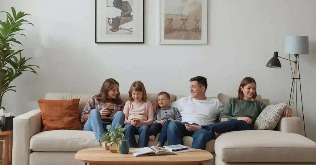 Family sitting together on a couch in a bright living room at home.