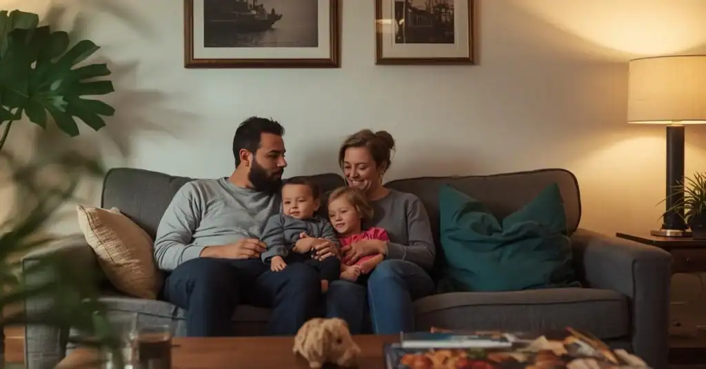Family of four sitting together on a gray upholstered sofa in a cozy living room.