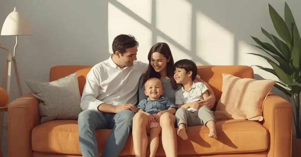 Family of four sitting together on an orange upholstered couch in a bright living room with natural light and indoor plants.